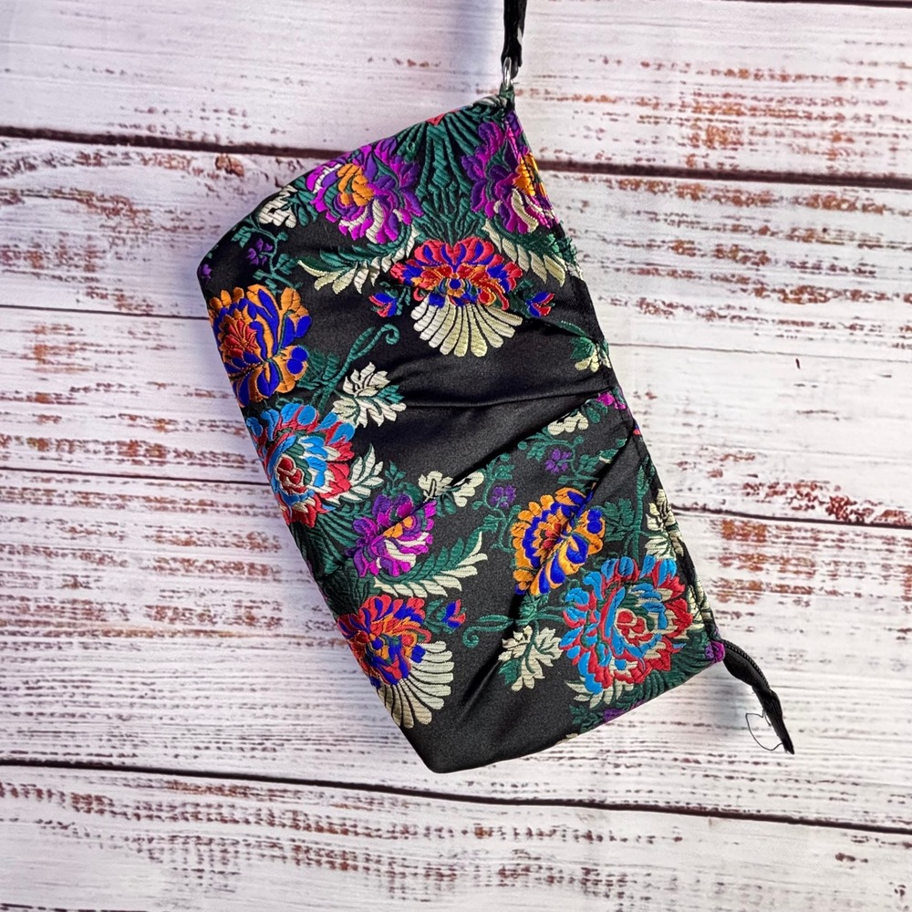 Floral Embroidered Wristlet Clutch Black Satin Wallet Jewel Tones Boho Ethnic